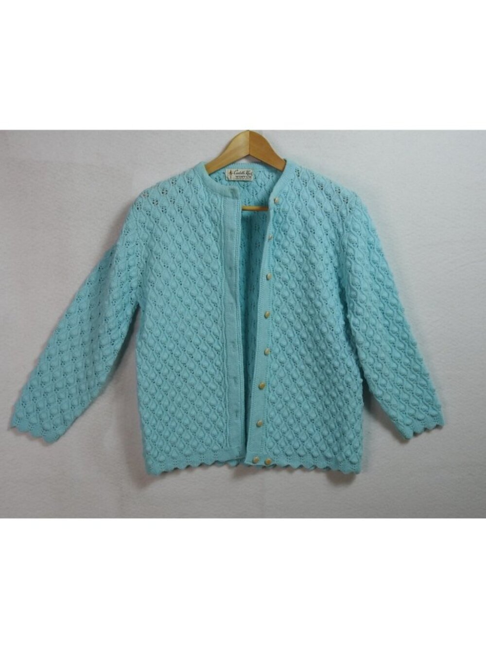 Vintage Cuddle Knit Wintuk Aqua Blue Open Knit Cardigan Sweater Medium - Picture 7 of 8